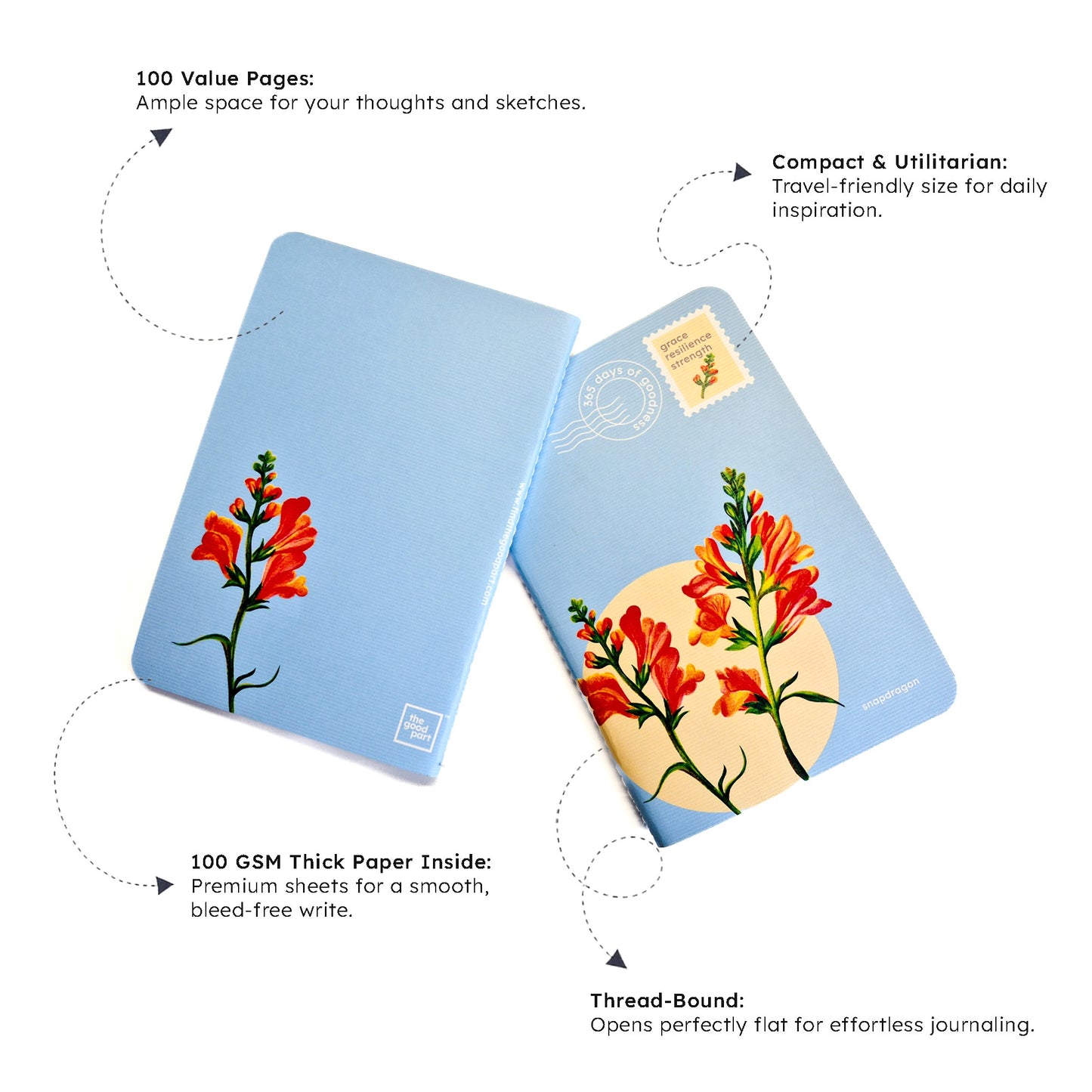 B6 Single Notebook | 100 GSM paper | 100 pages| Blank pages | Centre thread stitched | Floral collection | Snapdragon